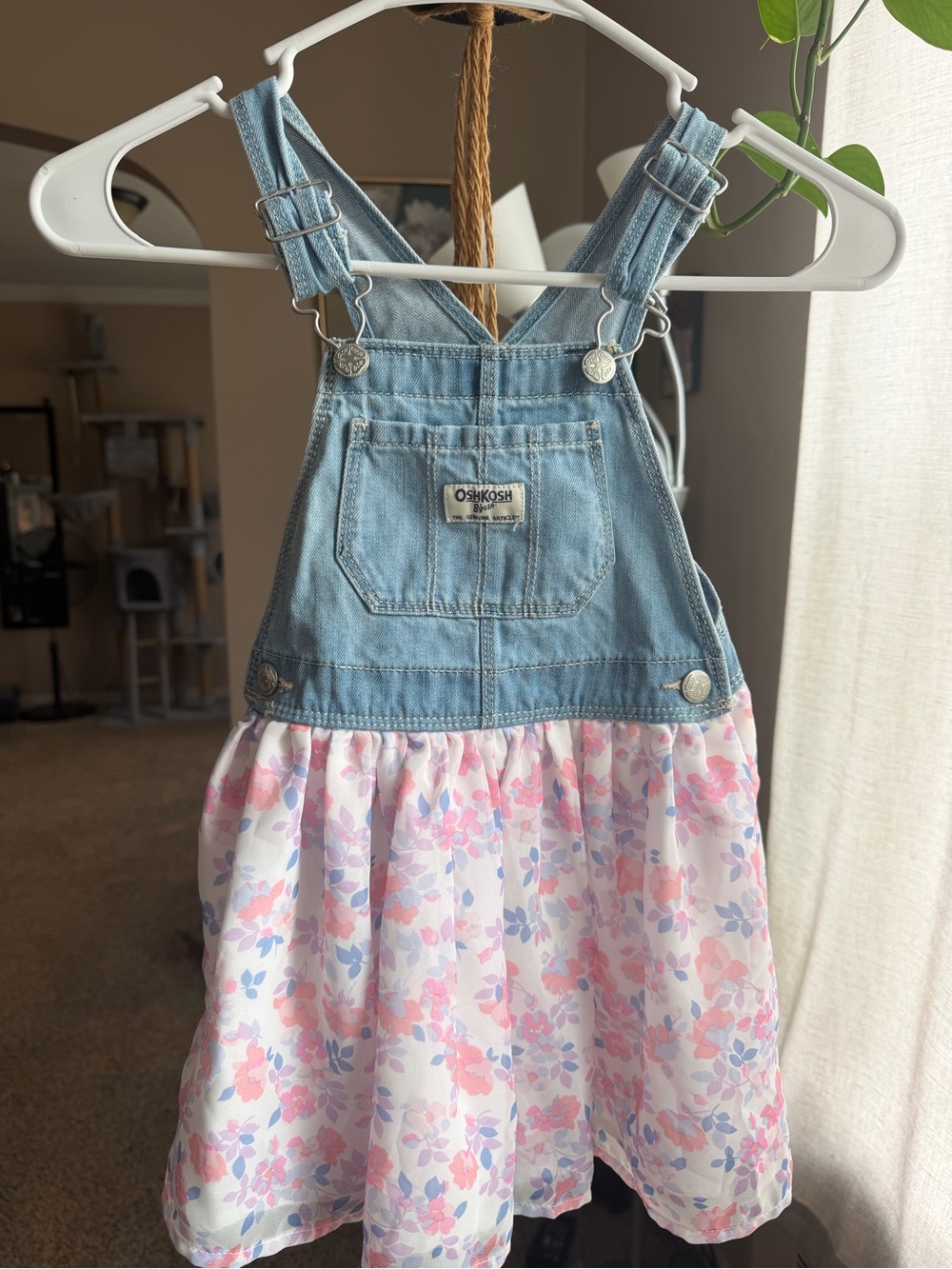OshKosh B'gosh Light Denim Top with Pink & Blue Floral Skirt Overall Dress
